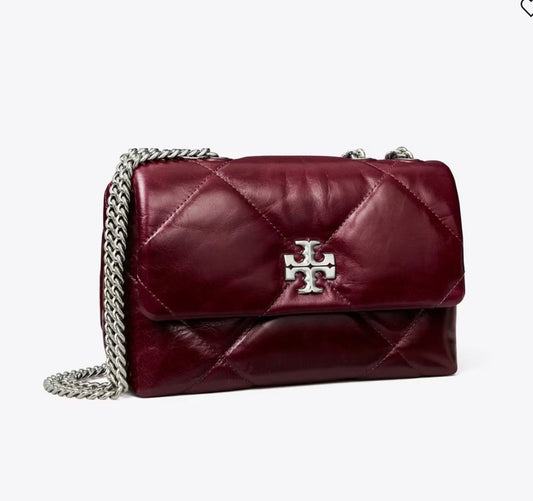 TORY BURCH SMALL KIRA DIAMOND QUILT DISTRESSED SHOULDER BAG IN BURGUNDY