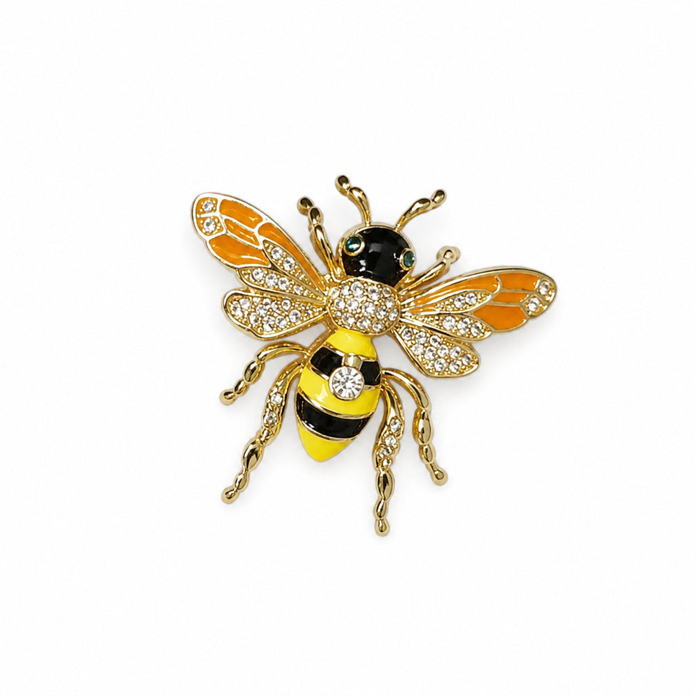 Enamel Bee Brooch with Crystal Details in Orange and Gold