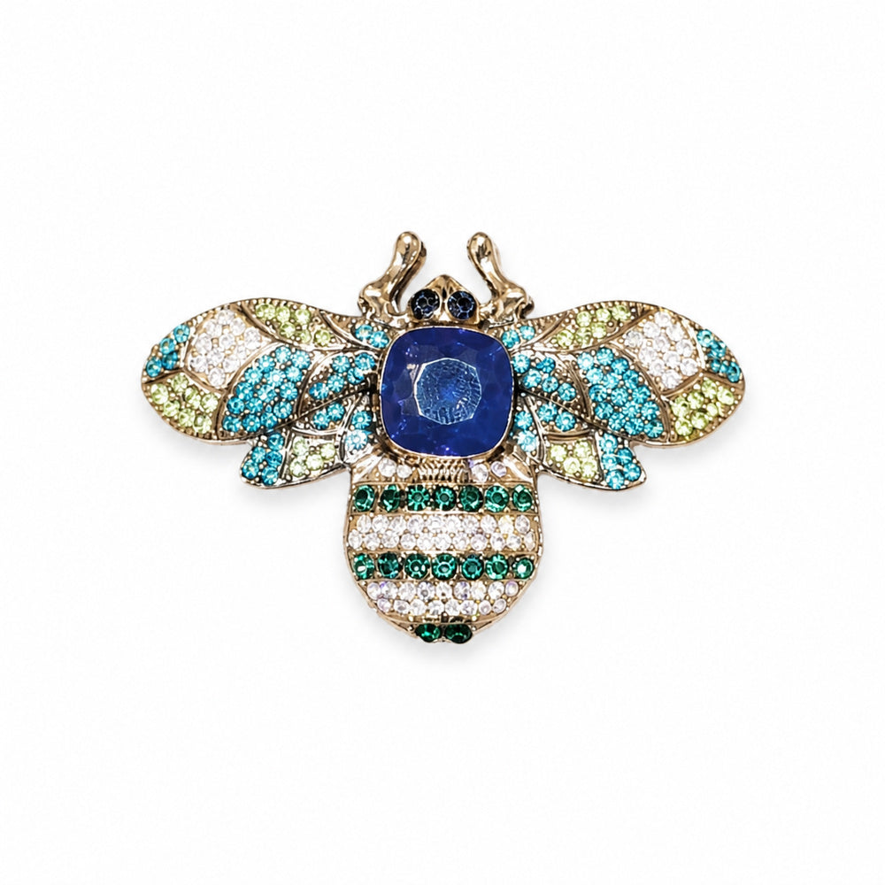 Crystal Bee Brooch in Turquoise Blue and Gold