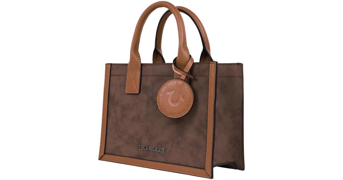 True Religion Suede PU Box Tote with Logo Tag