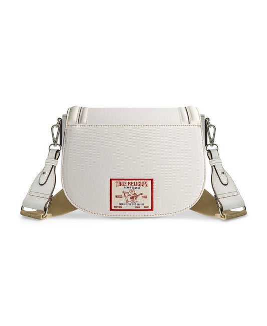 TRUE RELIGION DISTRESSED LOGO DENIM SADDLE BAG, WHITE
