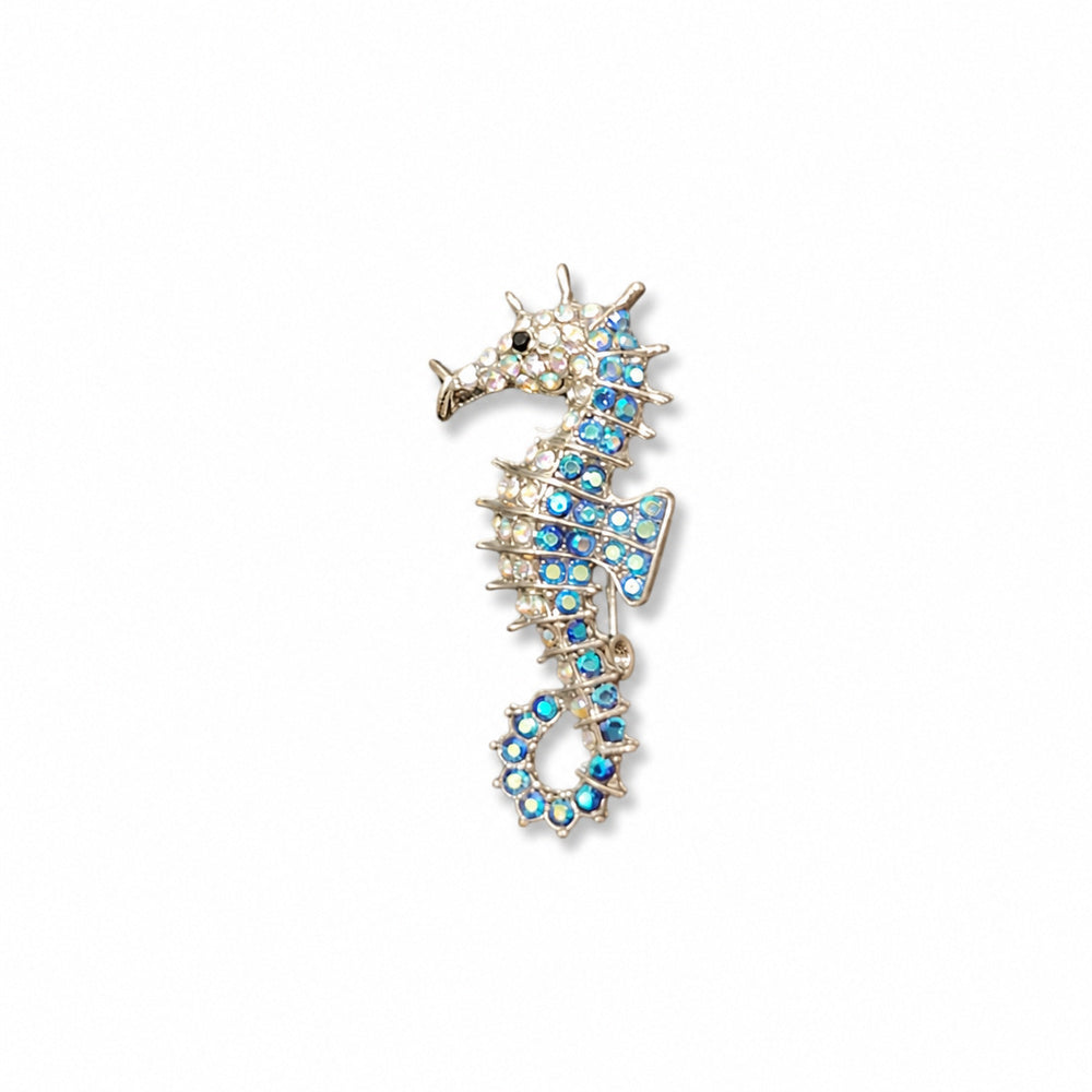Crystal Seahorse Brooch in Turquoise and Gold