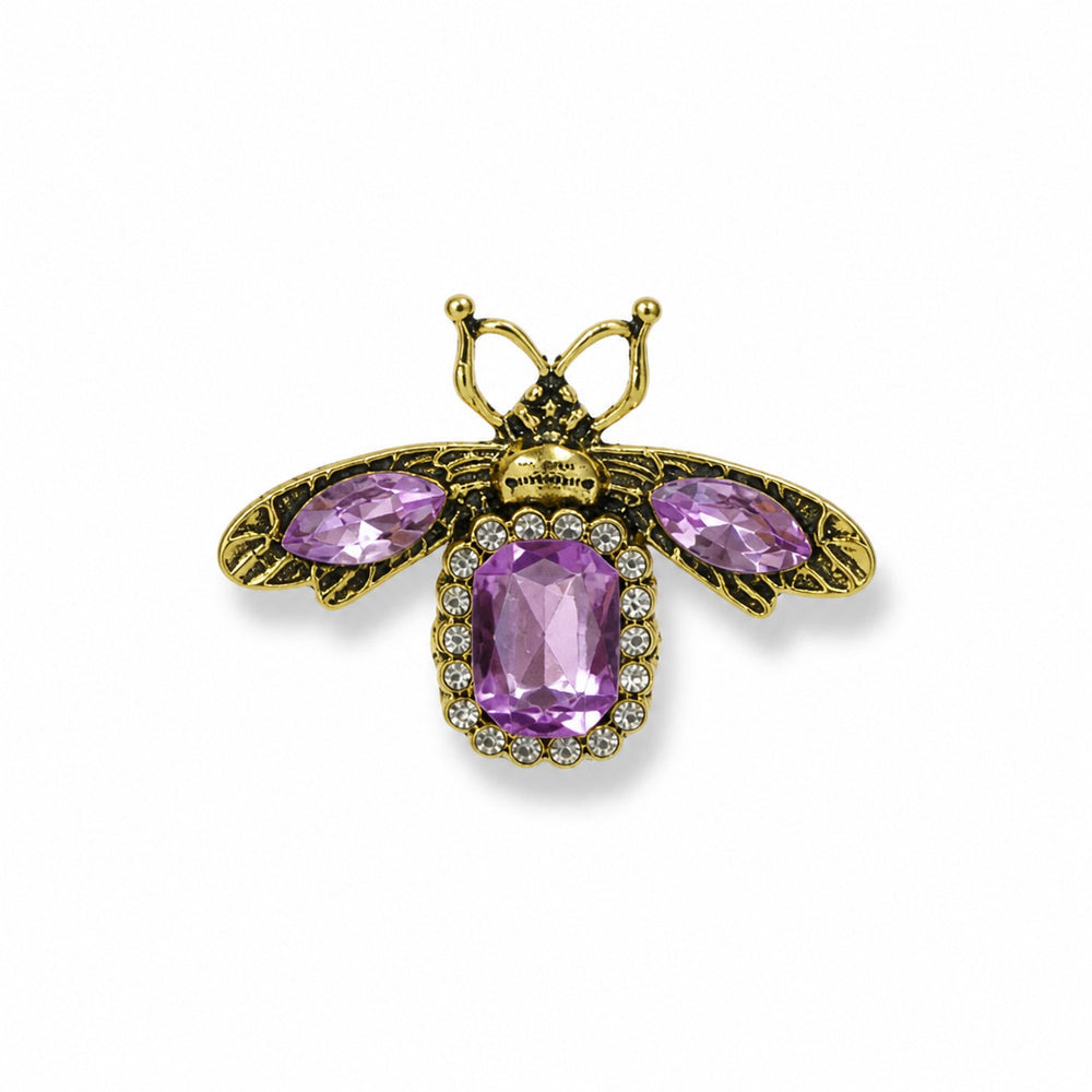 Amethyst Crystal Bee Brooch in Gold & purple