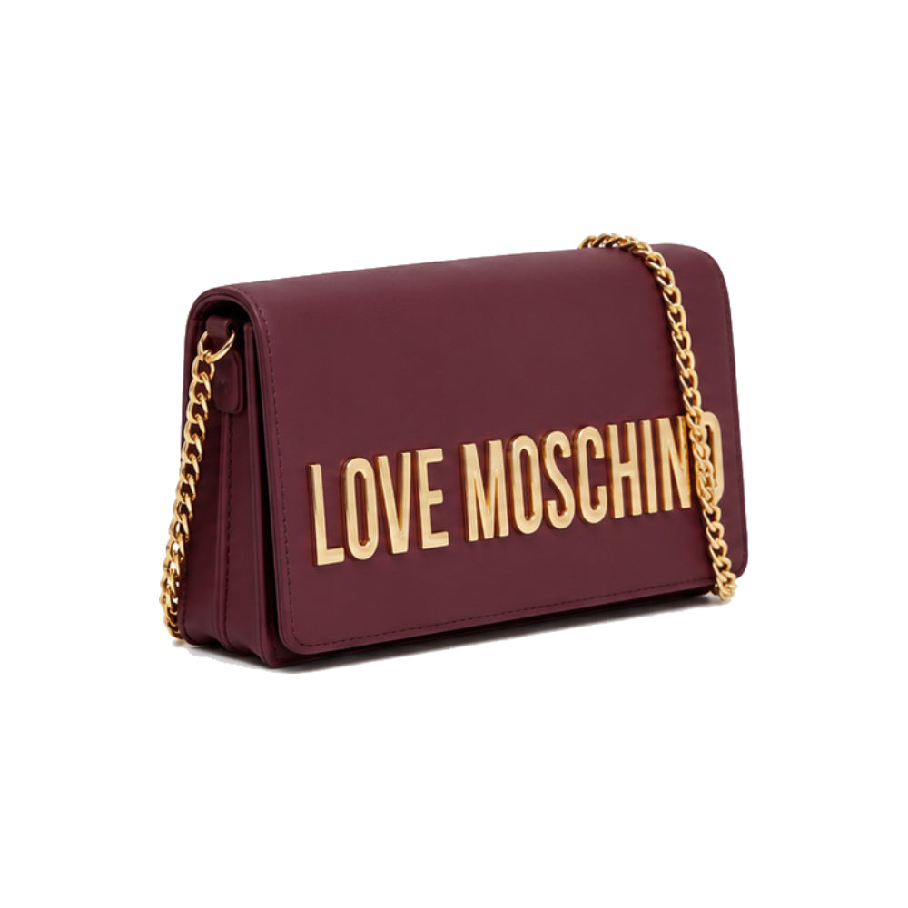 Love Moschino Zip-Through Crossbody Bag with Metallic Logo Lettering In Burgandy