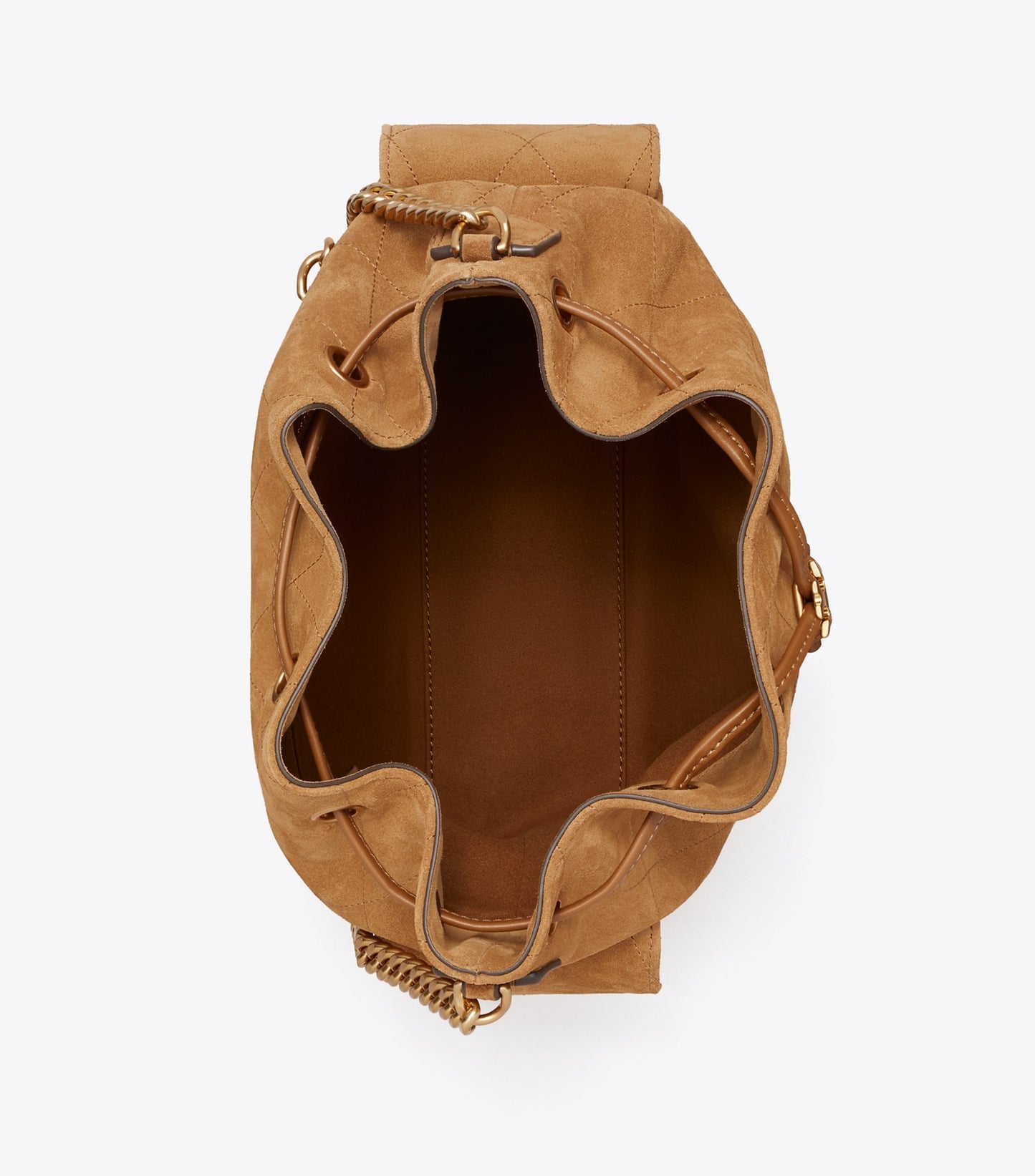 TORY BURCH CHARLIE QUILTED DRAWSTRING SHOULDER BAG IN SUEDE CAMEL