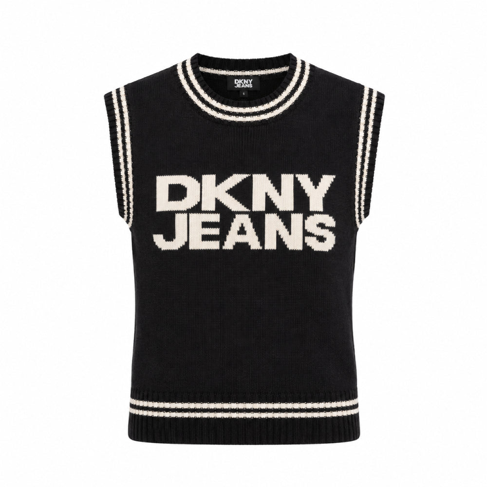 DKNY Women Printed Vest Round Neck Sweater in Black