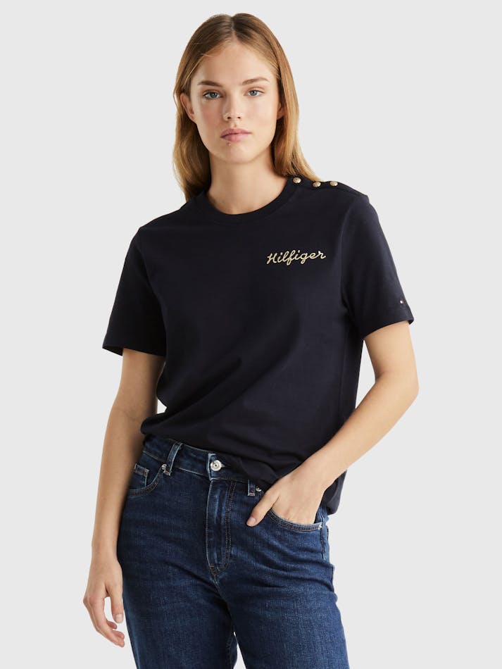 TOMMY HILFIGER
GOLD BUTTON STRIPE T-SHIRT size M