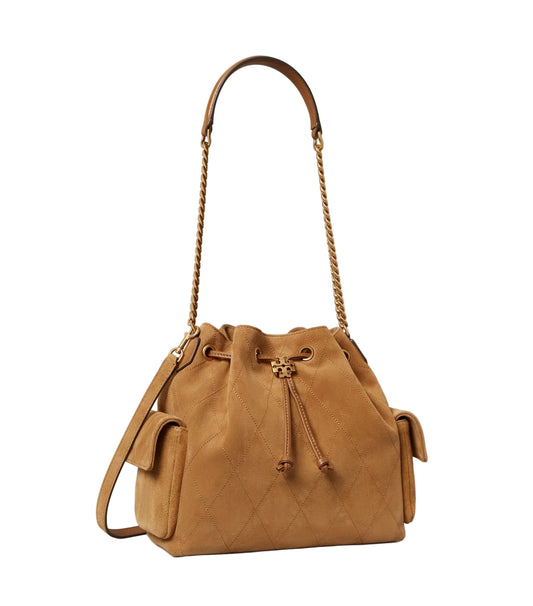 Tory Burch Charlie Quilted Suede Drawstring Shoulder Bag in Camel