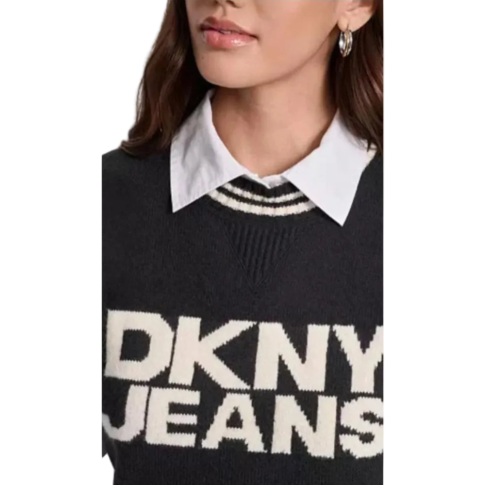 DKNY Women Printed Vest Round Neck Sweater in Black