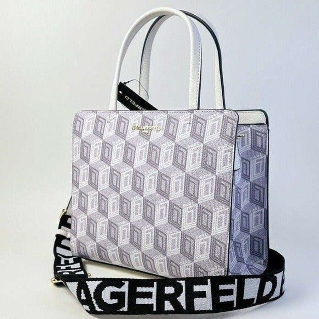 KARL LAGERFELD PARIS Maybelle Zip Top Satchel Shoulder Bag in White / Gray
