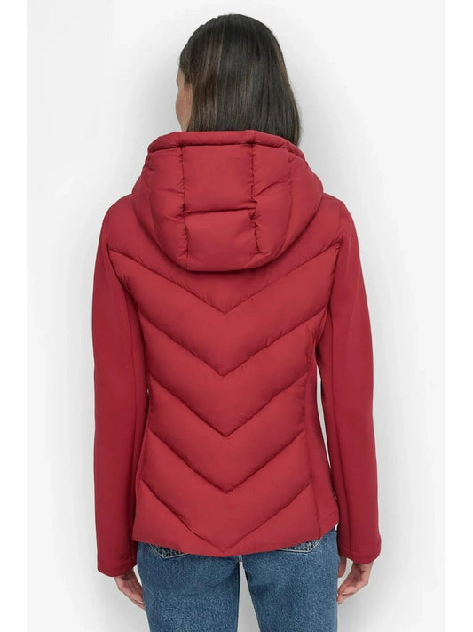 DKNY Size L Women’s Red Puffer Jacket – Lightweight Quilted Winter Coat with Hood, Warm Insulated Outerwear for Cold Weather