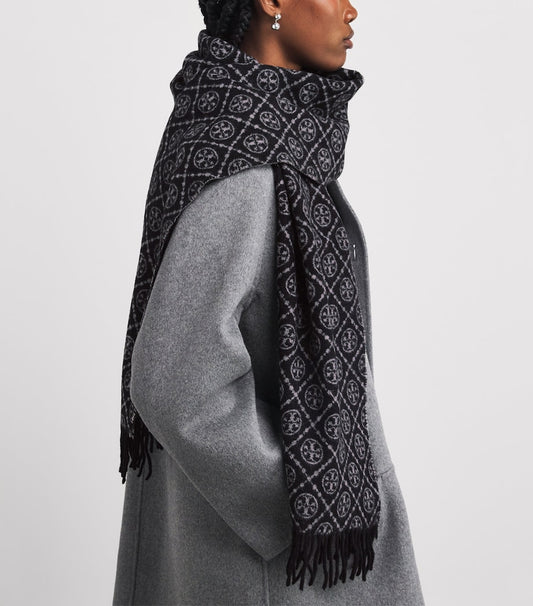 TORY BURCH MONOGRAM OBLONG SCARF - SCARF - BLACK