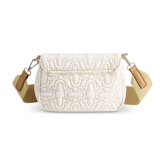TRUE RELIGION QUILTED DENIM HORSESHOE FLAP CROSSBODY, WHITE
