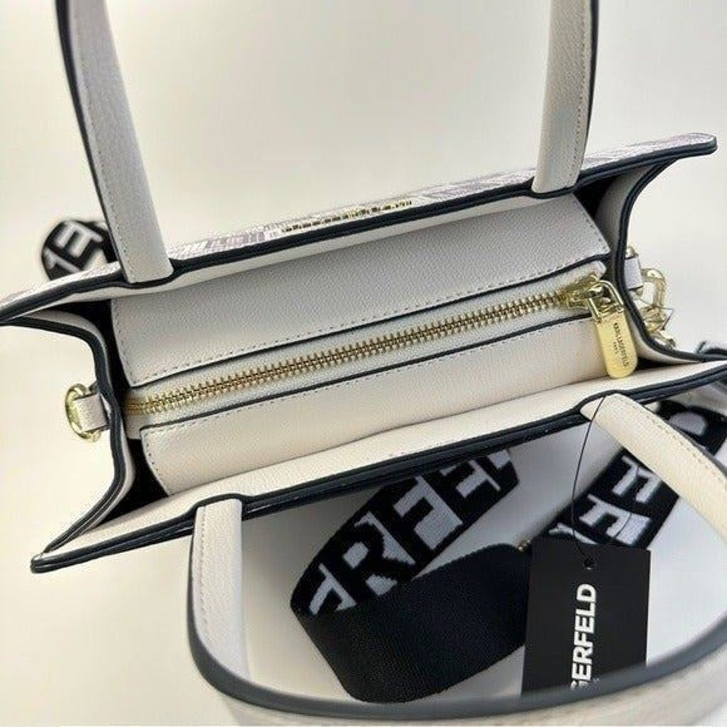 KARL LAGERFELD PARIS Maybelle Zip Top Satchel Shoulder Bag in White / Gray