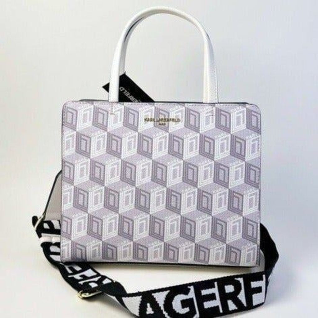 KARL LAGERFELD PARIS Maybelle Zip Top Satchel Shoulder Bag in White / Gray