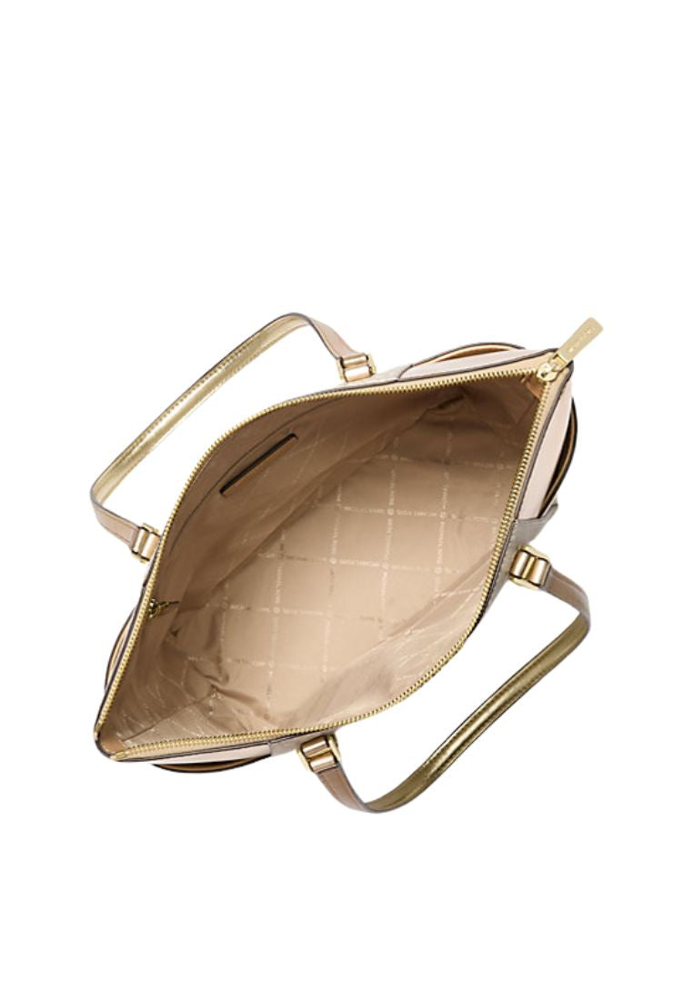 MICHAEL KORS
Charlotte Large Signature Logo and Metallic Top-Zip Tote Bag Pale Gold