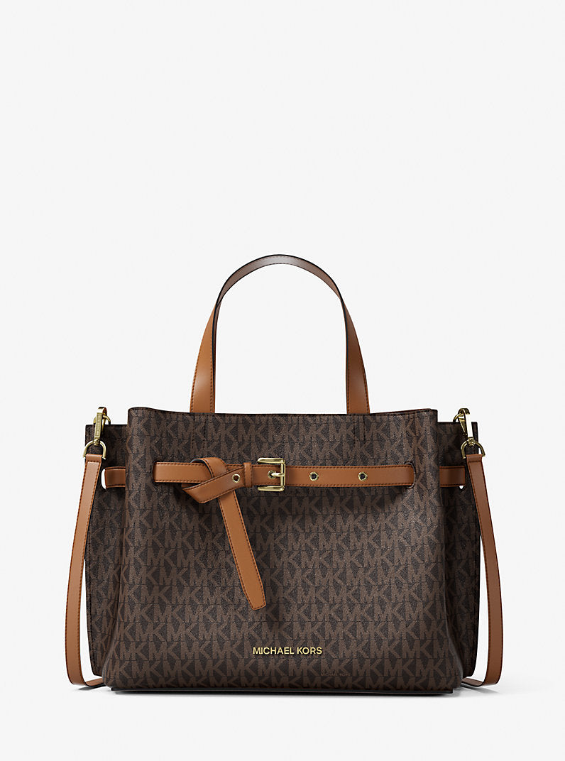 Michael Kors Emilia Medium Signature Logo Satchel in Dark Brown
