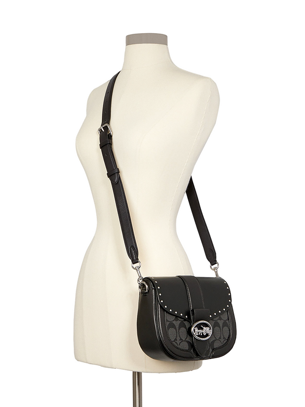 Coach C3593 Georgie Saddle Bag In Colorblock Signature Canvas With Rivets Silver Graphite/Black Multi