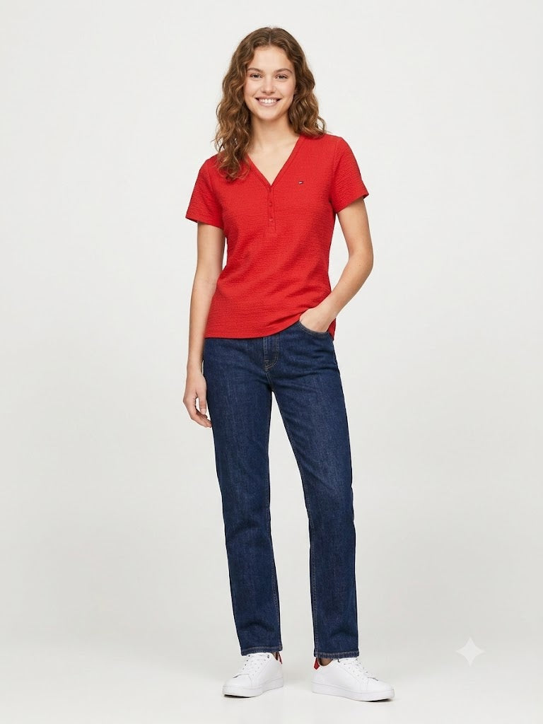 Tommy Hilfiger Textured Henley Tee – Crimson Red large