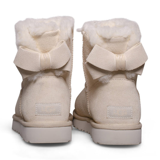UGG MINI BAILEY SUEDE BOW CREAM SHEEPSKIN ANKLE WOMEN'S BOOTS SIZE 39
