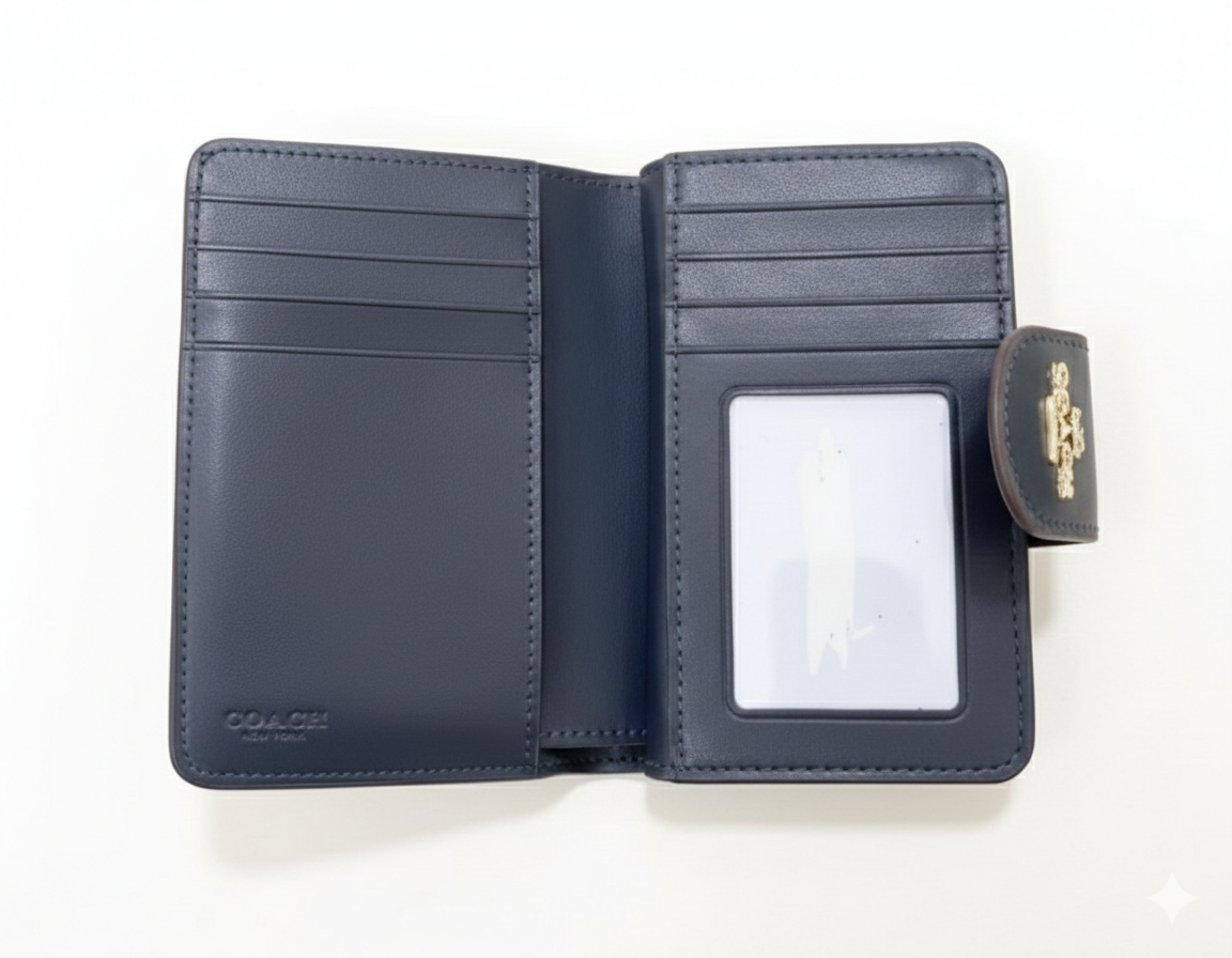 Coach Medium Corner Zip Wallet in blue Signature Canvas with Cherry Print.