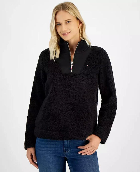 Tommy Hilfiger Women's Sherpa Mock Neck Long-Sleeve Sweatshirt in black size medium