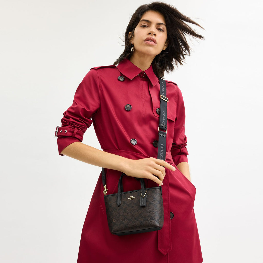 Coach City Mini Tote Bag In Signature Canvas Brown Black