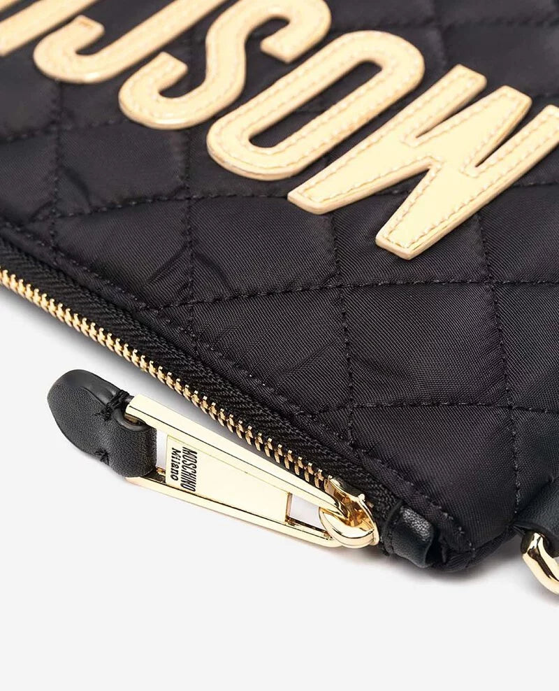 MOSCHINO Logo-patch Quilted Clutch Bag In Black