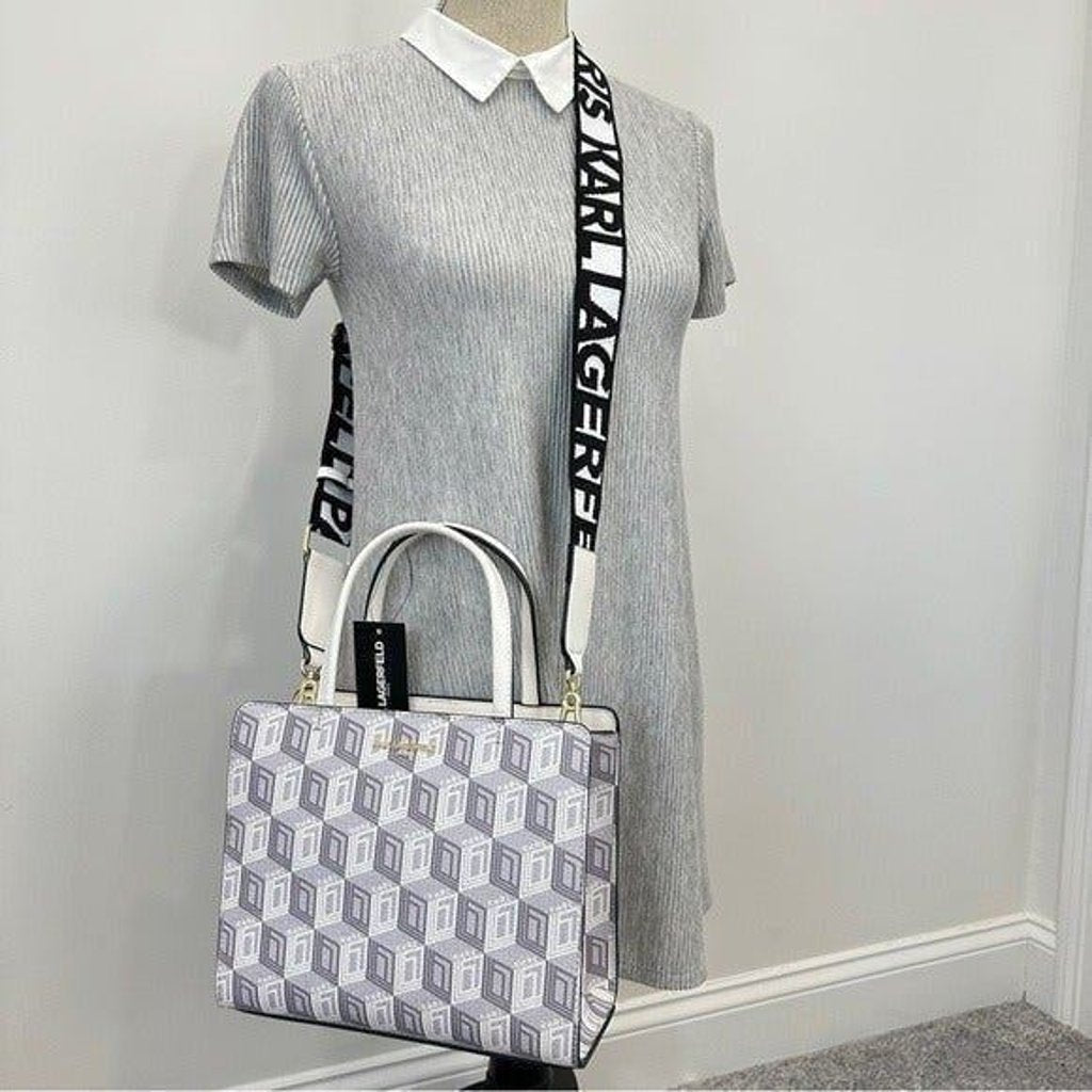 KARL LAGERFELD PARIS Maybelle Zip Top Satchel Shoulder Bag in White / Gray