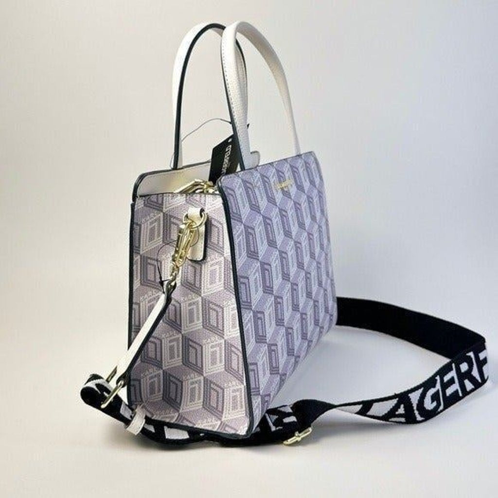 KARL LAGERFELD PARIS Maybelle Zip Top Satchel Shoulder Bag in White / Gray