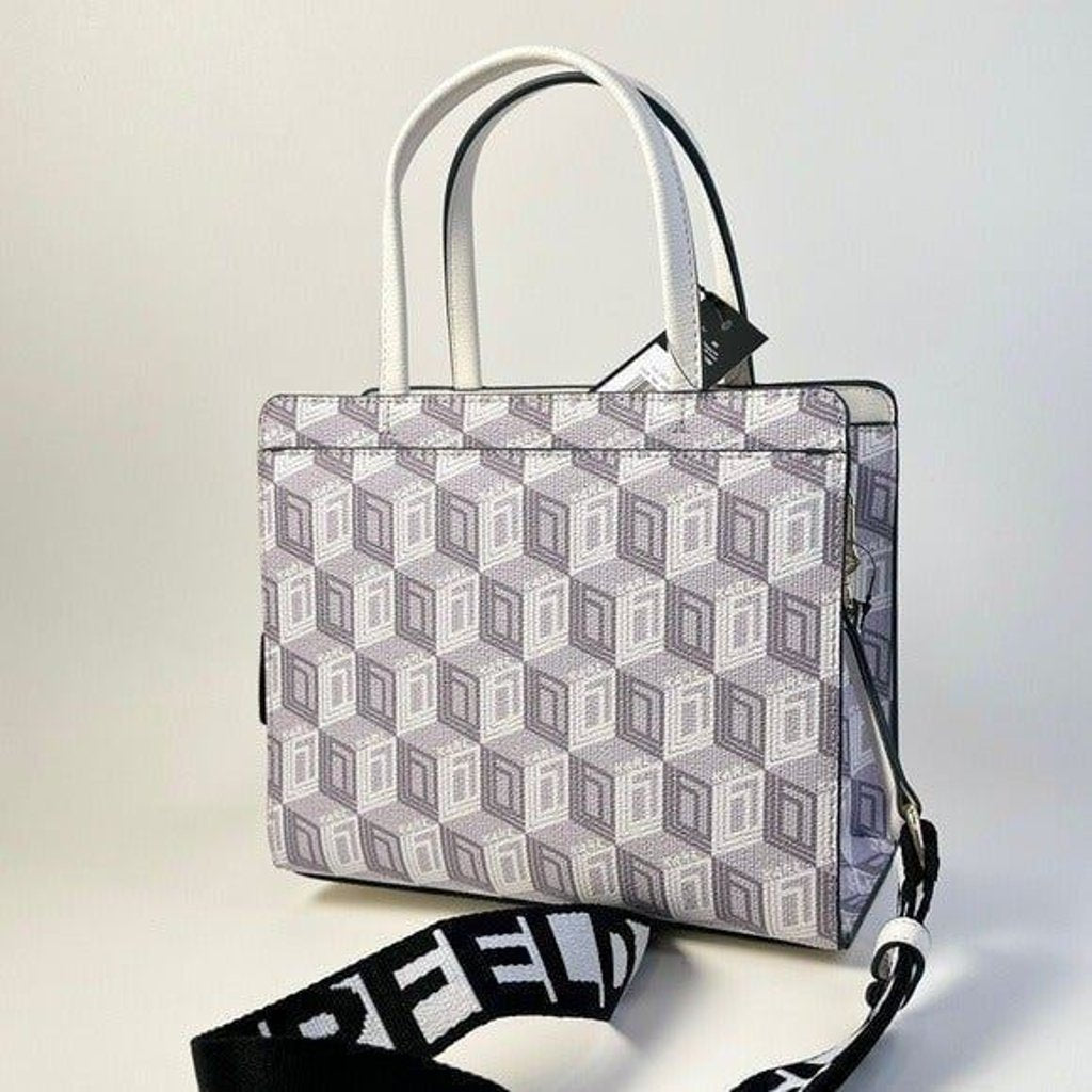 KARL LAGERFELD PARIS Maybelle Zip Top Satchel Shoulder Bag in White / Gray