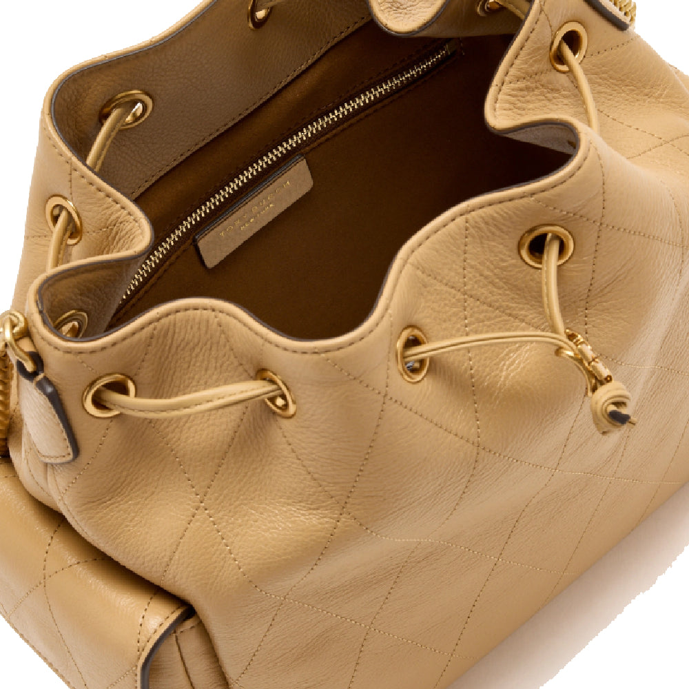 Tory Burch Charlie Quilted Drawstring Shoulder Bag In Beige
