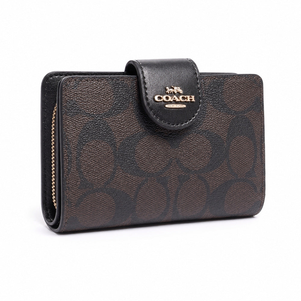 Coach Medium Corner Zip Wallet in Dark Brown/Black Signature Canvas