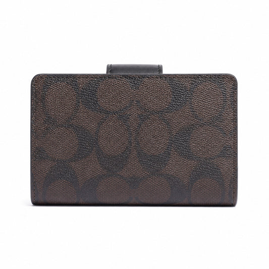 Coach Medium Corner Zip Wallet in Dark Brown/Black Signature Canvas