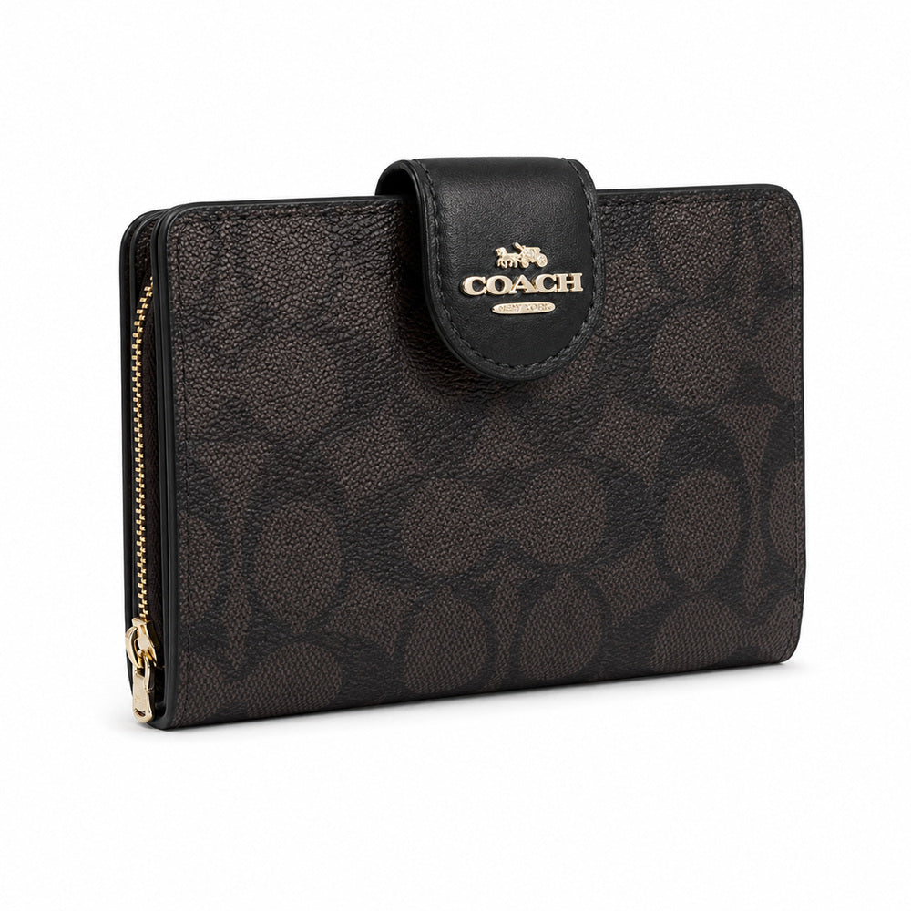 Coach Medium Corner Zip Wallet in Dark Brown Signature Canvas