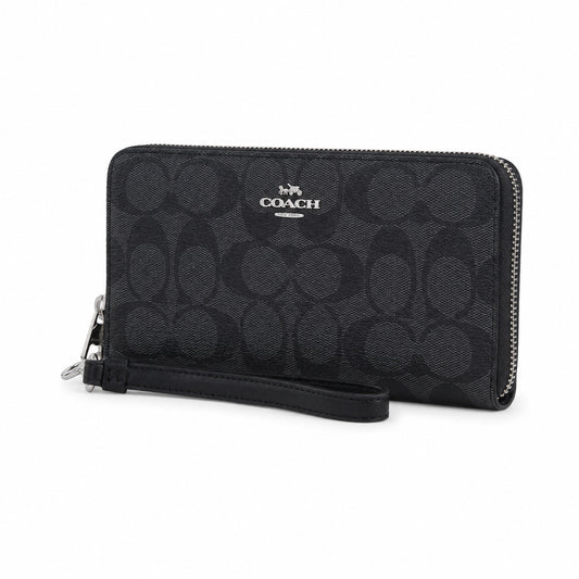 Coach Long Zip Around Wallet In Black Signature Canvas
