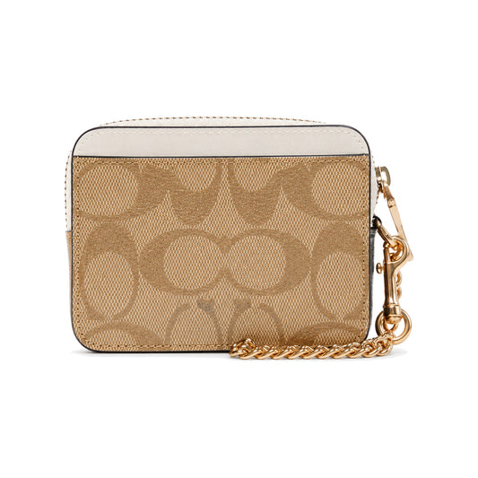 Coach Zip Card Case with Chain in Light Khaki/Chalk Signature Canvas
