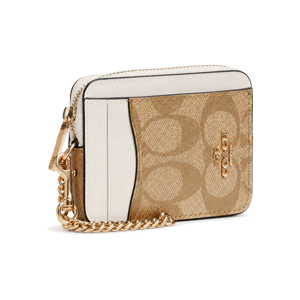 Coach Zip Card Case with Chain in Light Khaki/Chalk Signature Canvas