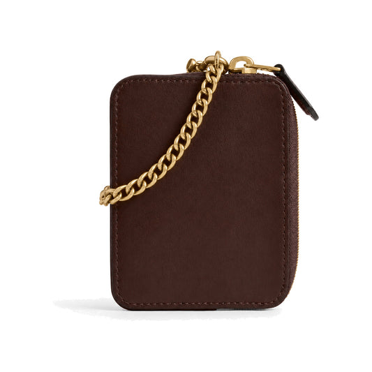 Coach Vertical Zip Card Case with Chain in Dark Brown