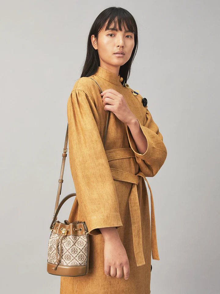 Tory Burch T Monogram Jacquard Mini Bucket Bag Hazelnut Brown