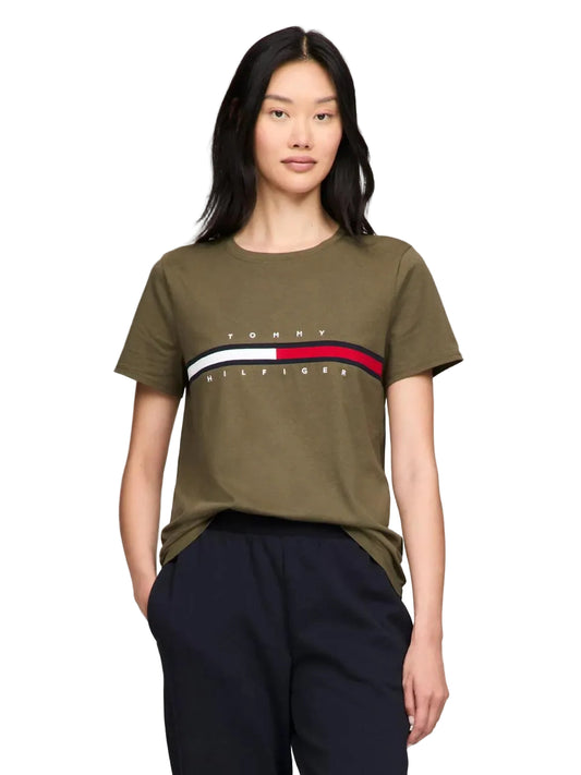Tommy Hilfiger Embroidered Flag Stripe Logo T-Shirt Army Green