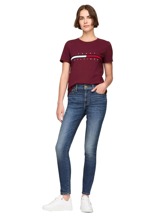 Tommy Hilfiger Embroidered Flag Stripe Logo T-Shirt Deep Rouge