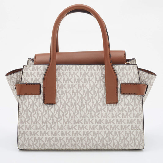 Michael Kors White/Tan Signature Coated Canvas and Leather Carmen Satchel