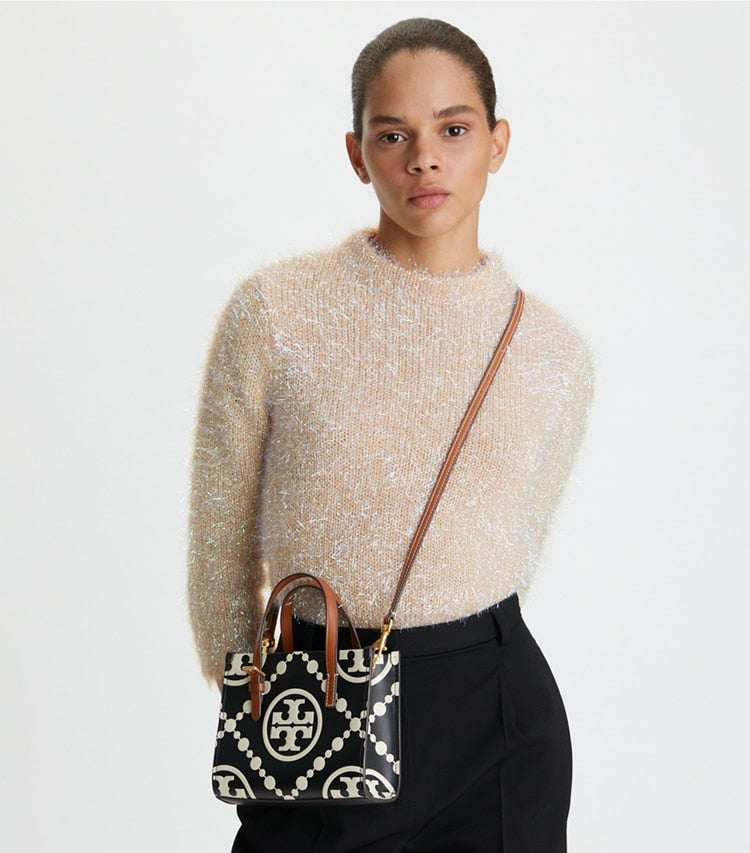 MINI T MONOGRAM CONTRAST EMBOSSED SQUARE TOTE TORY BURCH