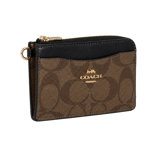 Coach Zip Card Case in Dark Brown Signature Canvas With Black Top Trim