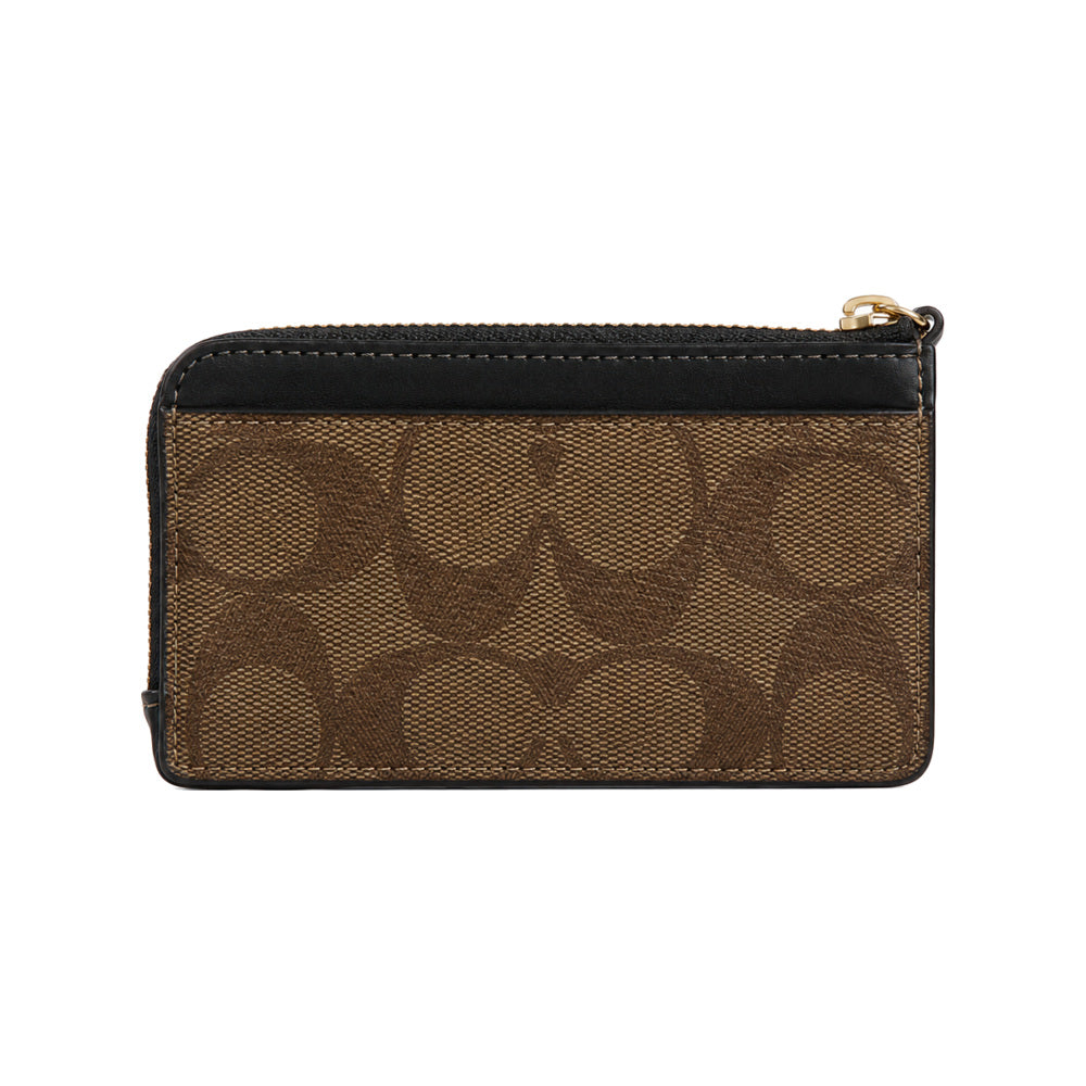 Coach Zip Card Case in Dark Brown Signature Canvas With Black Top Trim