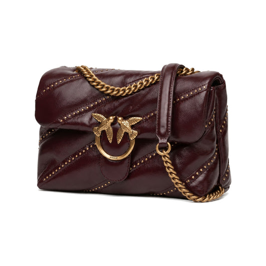 PINKO Love Puff Classic Shoulder Bag in Burgundy Diagonal Quilt with Micro-Studs