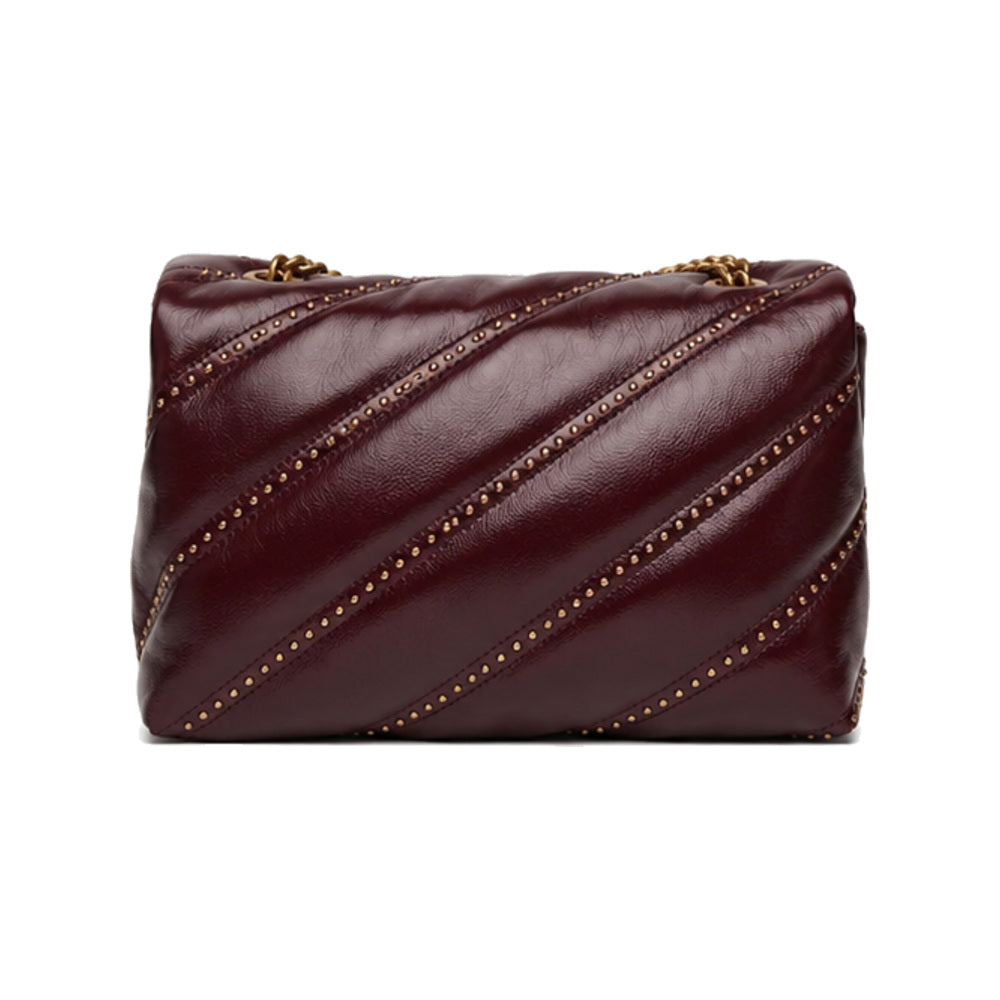 PINKO Love Puff Classic Shoulder Bag in Burgundy Diagonal Quilt with Micro-Studs