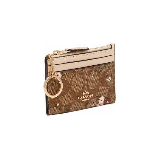 Coach Zip Card Case in Tan Signature Canvas With Floral Print
