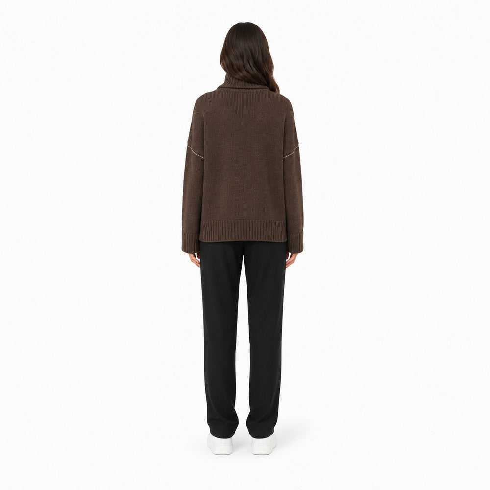 DKNY Jeans Intarsia Logo Mock-Neck Sweater in Brown